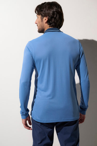 Polo anti-UV bleu pour homme, léger et respirant, offrant une protection solaire UPF50+ idéal pour le sport.