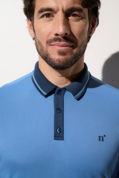 Polo anti-UV bleu pour homme, léger et respirant, idéal pour le golf, protection UPF 50+ contre le soleil.