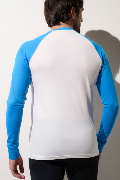 T-shirt de bain anti-UV bleu pour homme, manches longues UPF50+, idéal pour les activités aquatiques sous le soleil.