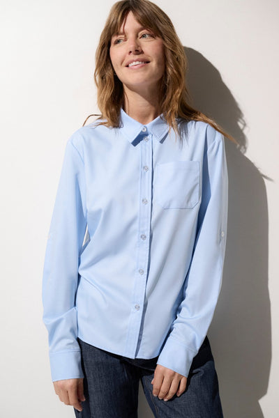 Chemise anti-UV Bleuet Ensoleillé pour femme, UPF 50+, élégante et légère, idéale pour une protection solaire quotidienne.