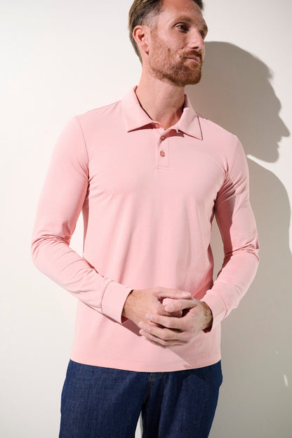 Polo anti-UV rose pour homme, manches longues, UPF 50+, idéal pour sorties en plein air.