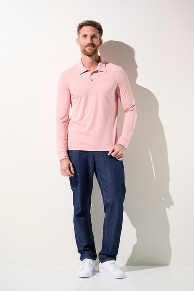 Polo anti-UV rose pour homme, manches longues, UPF 50+, idéal pour se protéger au grand air.