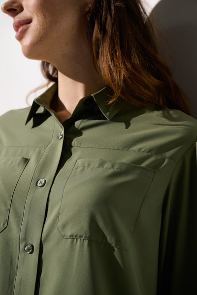 Chemise longue anti-UV - Faro verte pour femme, légère et élégante, idéale pour la protection solaire.