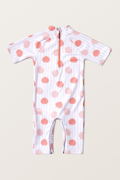 Combinaison de bain anti-UV - Pacific pour bébé, manches courtes, motif coquillage, tissu UPF 50+.