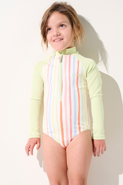 Maillot de bain anti-UV manches longues - Flores pour fille, rayé, UPF 50+, idéal pour les activités aquatiques.