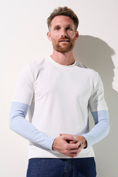 Manches anti-UV - Gobi blanches avec manches longues bleues, protection solaire UPF 50+ pour homme, idéal pour activités extérieures.