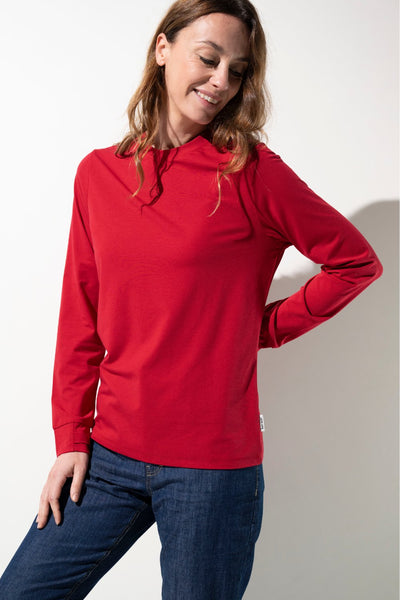 T-shirt anti-UV rouge pour femme, léger et confortable, UPF 50+, idéal pour activités de plein air.