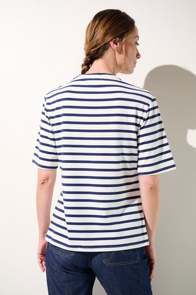 T-shirt anti-UV à rayures pour femme, léger et élégant, offrant protection solaire UPF 50+, parfait pour la décontracté.