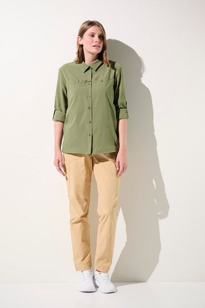 Chemise anti-UV Sequoia verte UPF 50+ pour femme, idéale pour les activités de plein air et confort lors de randonnées.