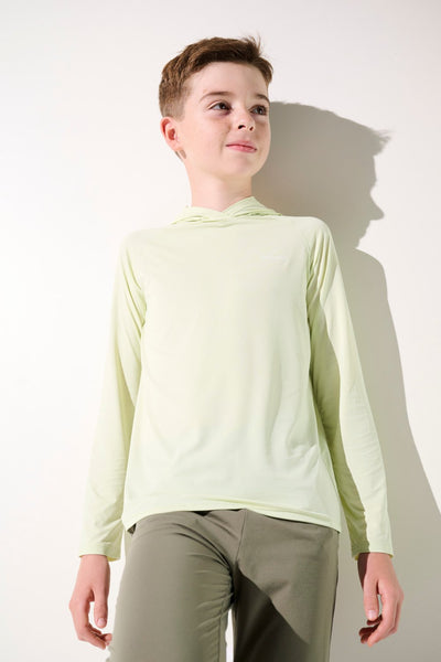 T-shirt anti-UV à capuche - Oasis, vert clair, pour enfants, léger et UPF 50+ pour protection solaire.