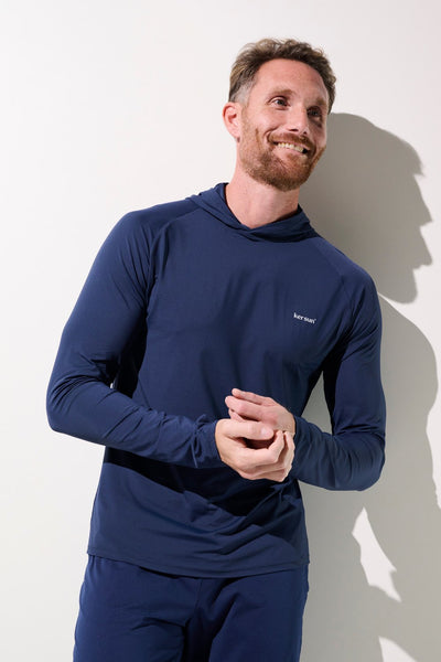 T-shirt anti-UV à capuche - Oasis pour homme, bleu marine, léger et respirant, UPF 50+.