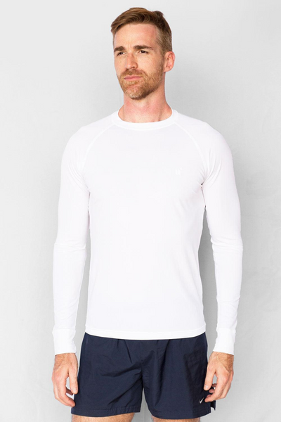 T-shirt de bain anti-UV homme blanc, manches longues, UPF 50+, idéal pour activités aquatiques.